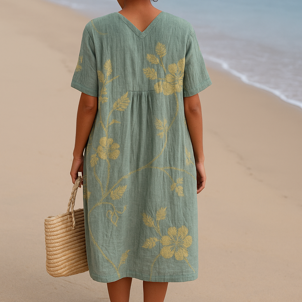 Olivia | Blå-grå kjole med blomsterbroderi