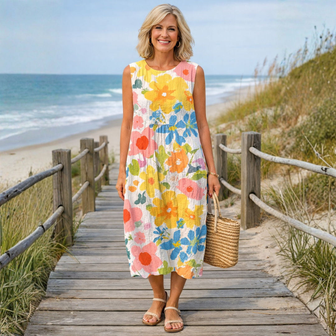 Ella | Pastel Blomstret Midi Kjole